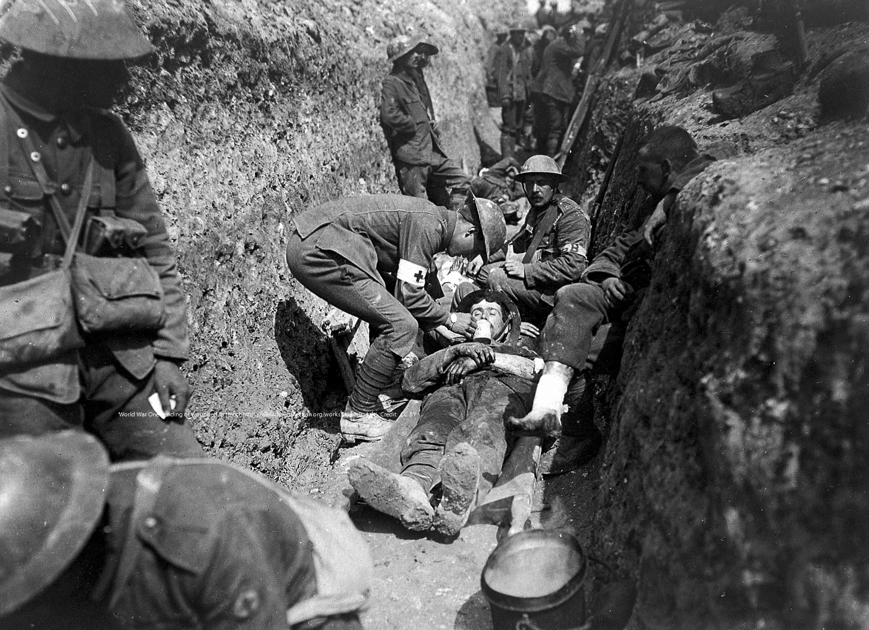 'World War One: tending of wounded in trenches'  https://wellcomecollection.org/works/dup6t9g4  Credit: Wellcome Collection. CC BY